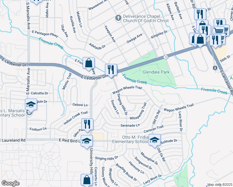 map of restaurants, bars, coffee shops, grocery stores, and more near 5411 Singing Hills Drive in Dallas