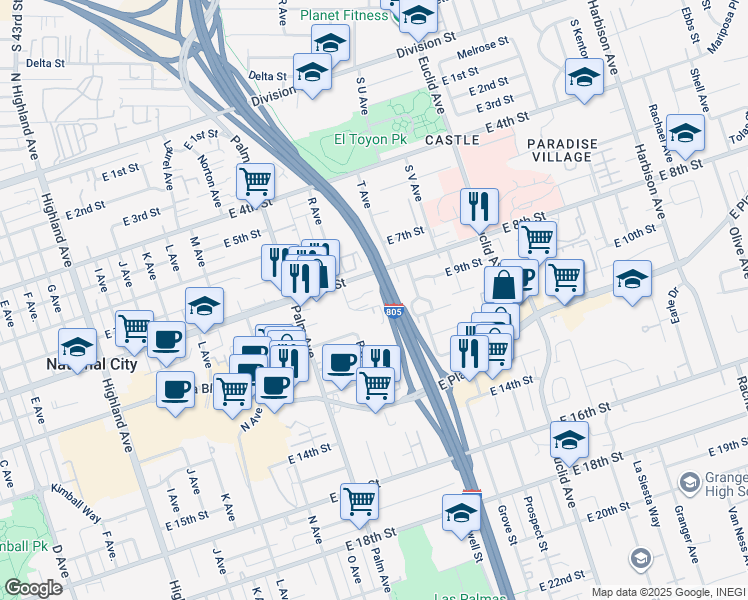 map of restaurants, bars, coffee shops, grocery stores, and more near 1820 Terry Lane in National City