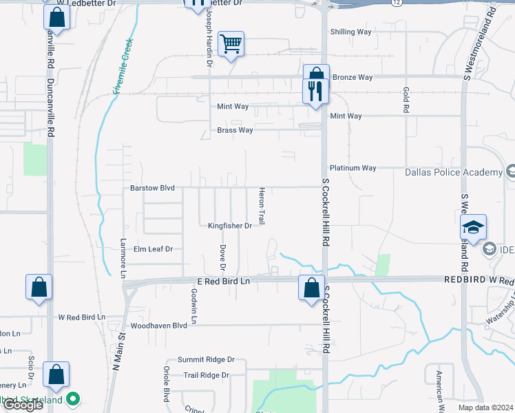 map of restaurants, bars, coffee shops, grocery stores, and more near 5325 Heron Trail in Dallas