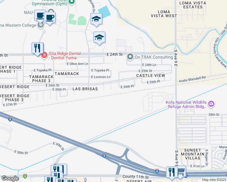 map of restaurants, bars, coffee shops, grocery stores, and more near 2666-2678 South Picaflor Avenue in Yuma