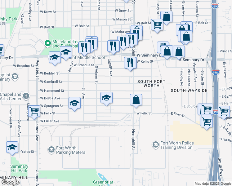 map of restaurants, bars, coffee shops, grocery stores, and more near 813 West Hammond Street in Fort Worth