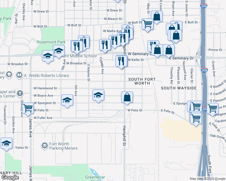 map of restaurants, bars, coffee shops, grocery stores, and more near 813 West Hammond Street in Fort Worth