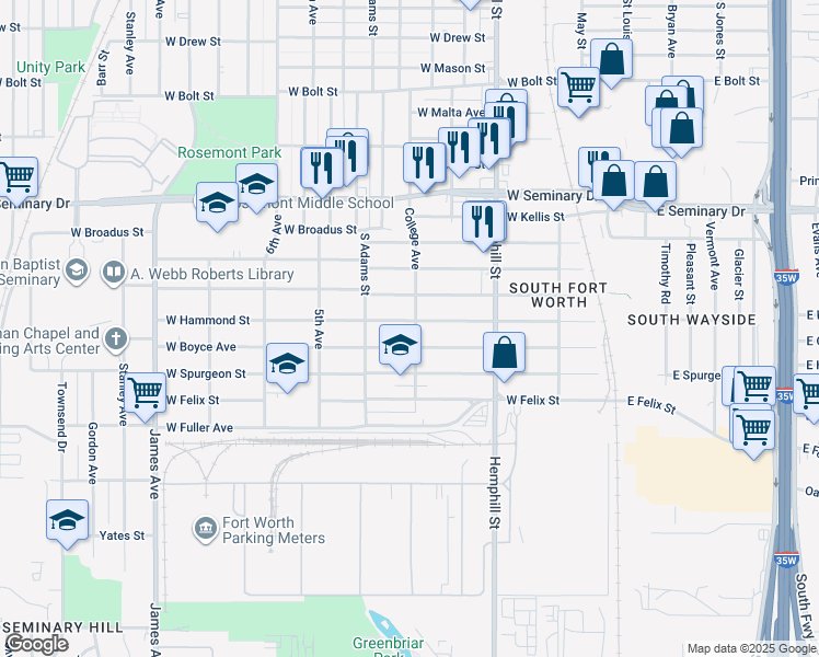 map of restaurants, bars, coffee shops, grocery stores, and more near 1001 West Hammond Street in Fort Worth
