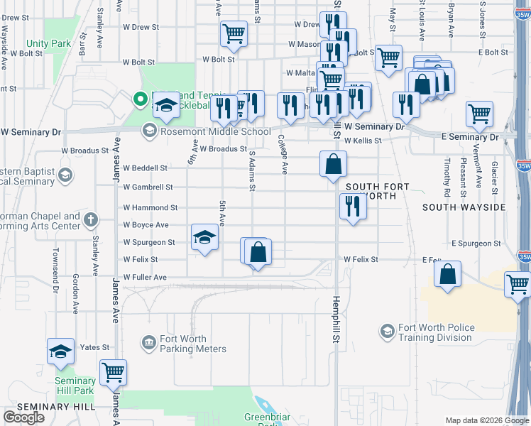 map of restaurants, bars, coffee shops, grocery stores, and more near 1109 West Hammond Street in Fort Worth