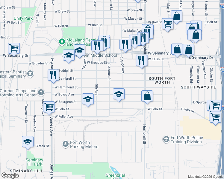map of restaurants, bars, coffee shops, grocery stores, and more near 1109 West Hammond Street in Fort Worth