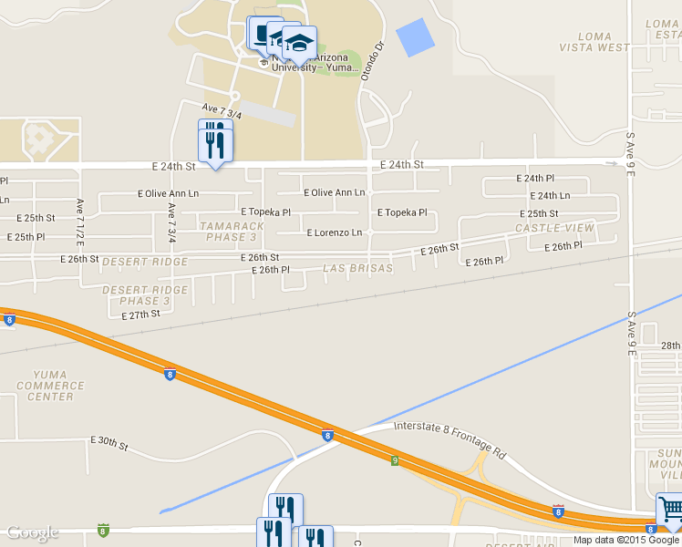 map of restaurants, bars, coffee shops, grocery stores, and more near 2656 South Gardenia Avenue in Yuma