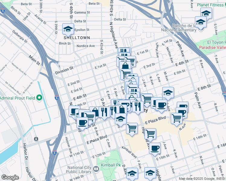 map of restaurants, bars, coffee shops, grocery stores, and more near 428 F Avenue in National City