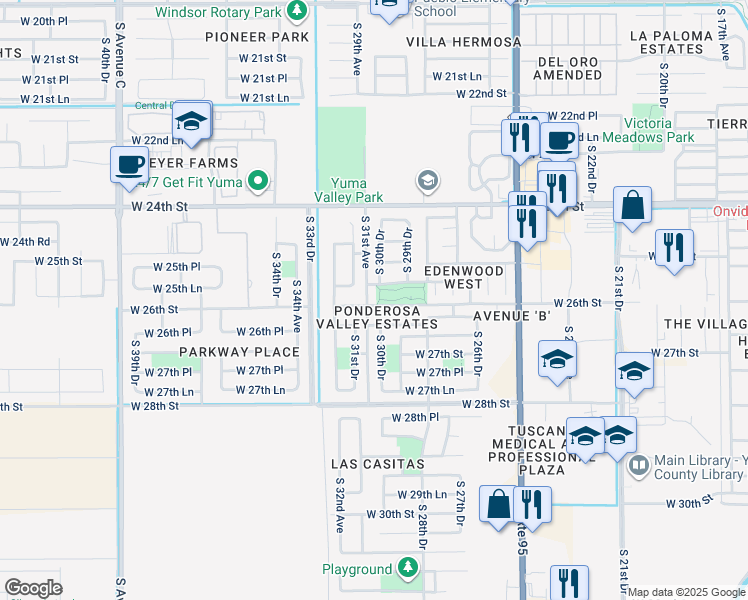map of restaurants, bars, coffee shops, grocery stores, and more near 3086 West 26th Street in Yuma