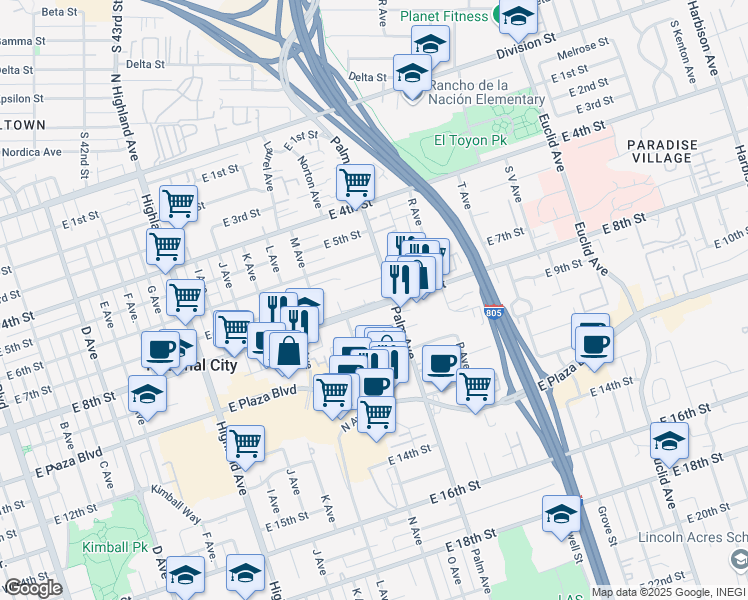 map of restaurants, bars, coffee shops, grocery stores, and more near 1419 East 8th Street in National City
