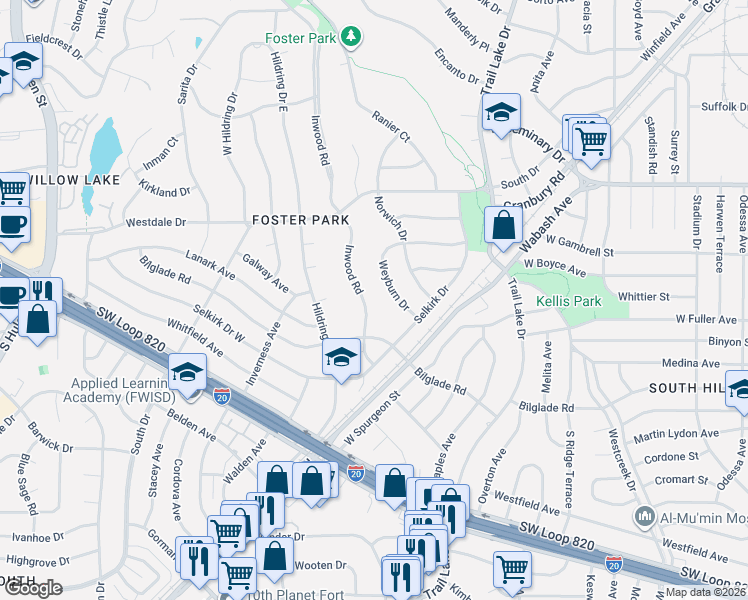 map of restaurants, bars, coffee shops, grocery stores, and more near 4609 Inwood Road in Fort Worth