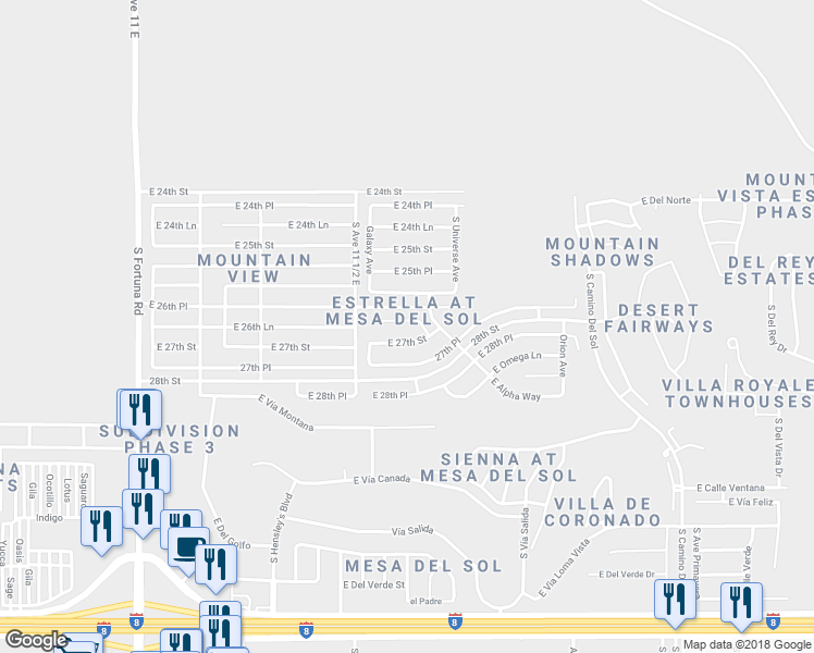 map of restaurants, bars, coffee shops, grocery stores, and more near 11599 East 26th Lane in Yuma
