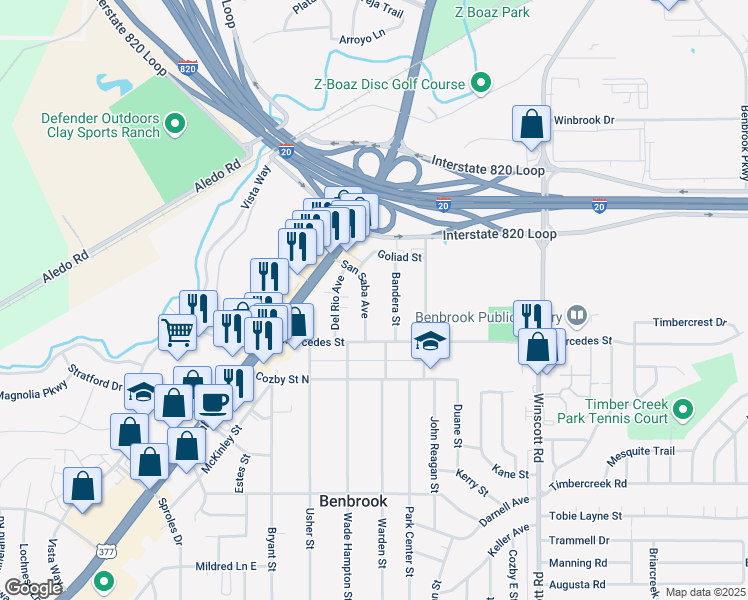 map of restaurants, bars, coffee shops, grocery stores, and more near 117 San Saba Avenue in Benbrook
