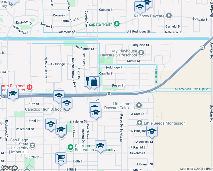 map of restaurants, bars, coffee shops, grocery stores, and more near 1125 Rosas Street in Calexico