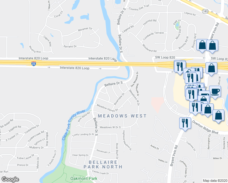 map of restaurants, bars, coffee shops, grocery stores, and more near 6712 Ashbrook Drive in Fort Worth