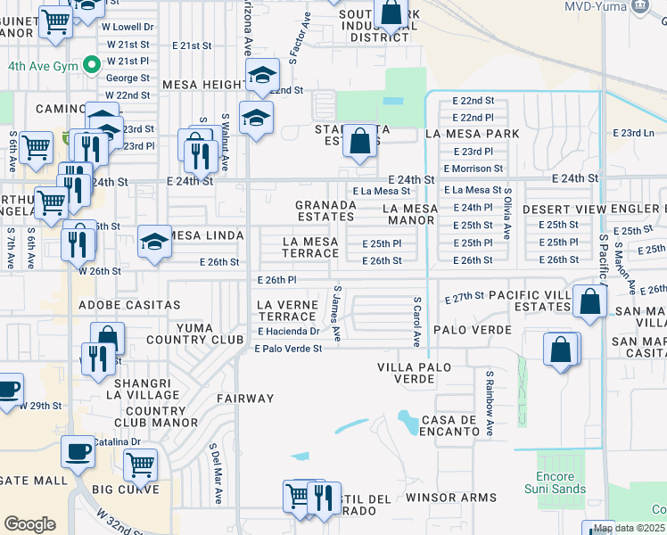 map of restaurants, bars, coffee shops, grocery stores, and more near 2625 South James Drive in Yuma