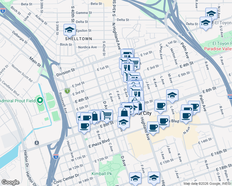 map of restaurants, bars, coffee shops, grocery stores, and more near 428 F Avenue in National City