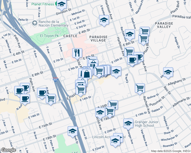 map of restaurants, bars, coffee shops, grocery stores, and more near 2531 East Plaza Boulevard in National City