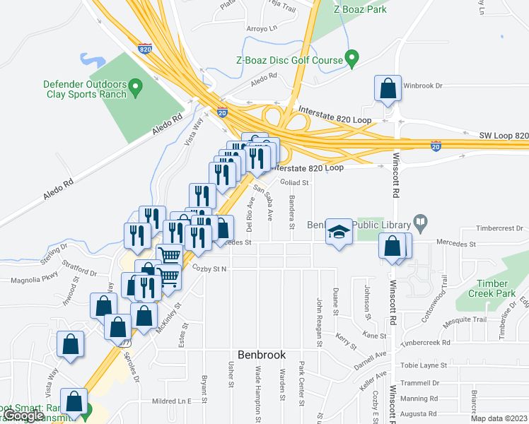 map of restaurants, bars, coffee shops, grocery stores, and more near 110 San Saba Avenue in Fort Worth