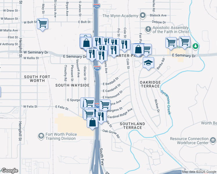 map of restaurants, bars, coffee shops, grocery stores, and more near 4609 Evans Avenue in Fort Worth