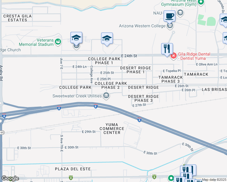 map of restaurants, bars, coffee shops, grocery stores, and more near 7442 East 26th Place in Yuma