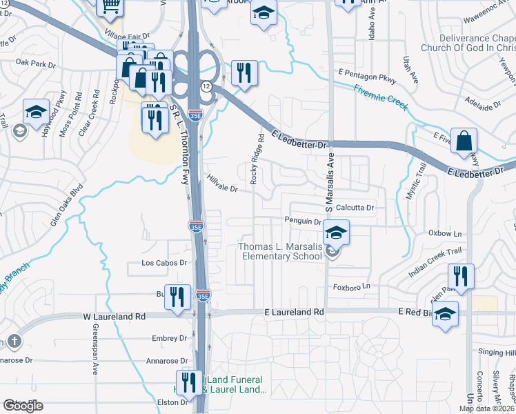 map of restaurants, bars, coffee shops, grocery stores, and more near 5322 Rocky Ridge Road in Dallas