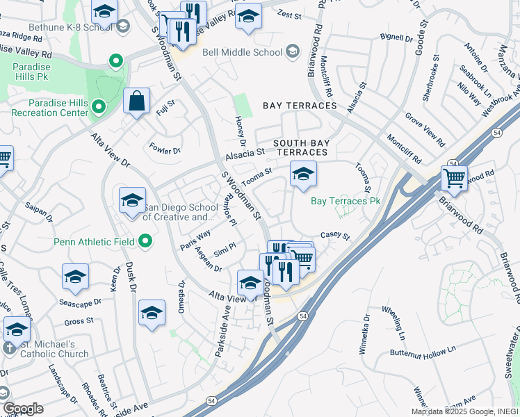 map of restaurants, bars, coffee shops, grocery stores, and more near 2596 Pennington Lane in San Diego