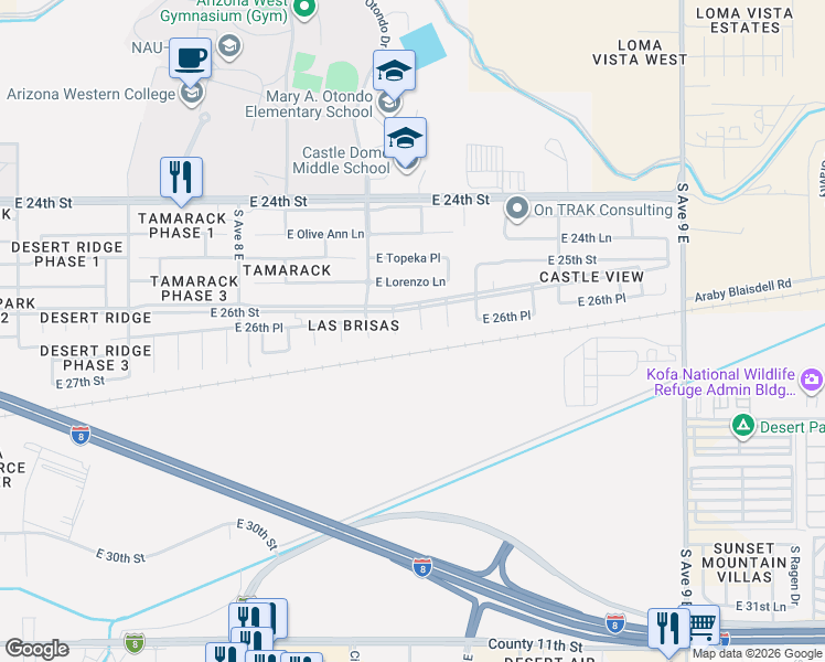 map of restaurants, bars, coffee shops, grocery stores, and more near 2676 South Paloma Avenue in Yuma