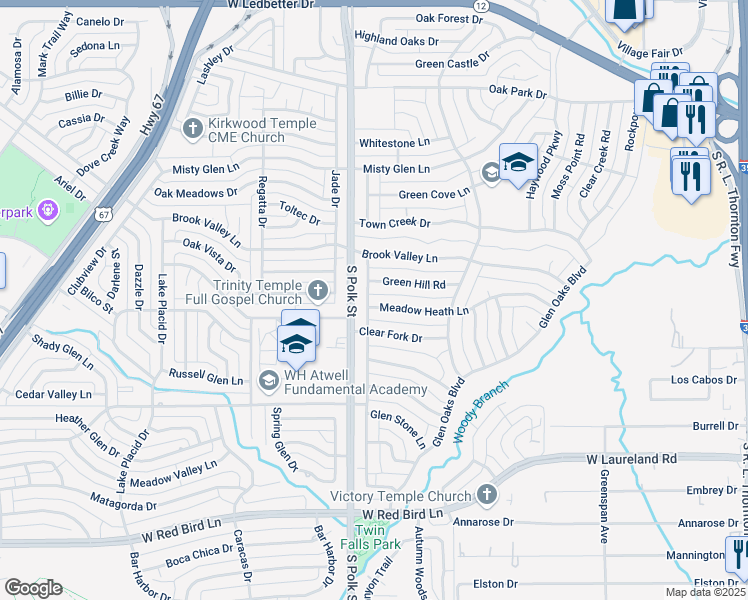 map of restaurants, bars, coffee shops, grocery stores, and more near 911 Meadow Heath Lane in Dallas