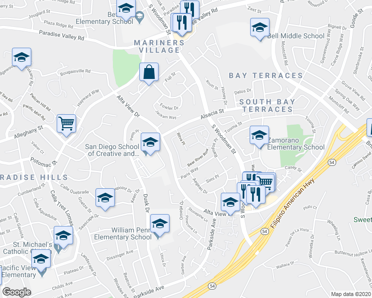 map of restaurants, bars, coffee shops, grocery stores, and more near 2381-2499 Ritva Pl in San Diego