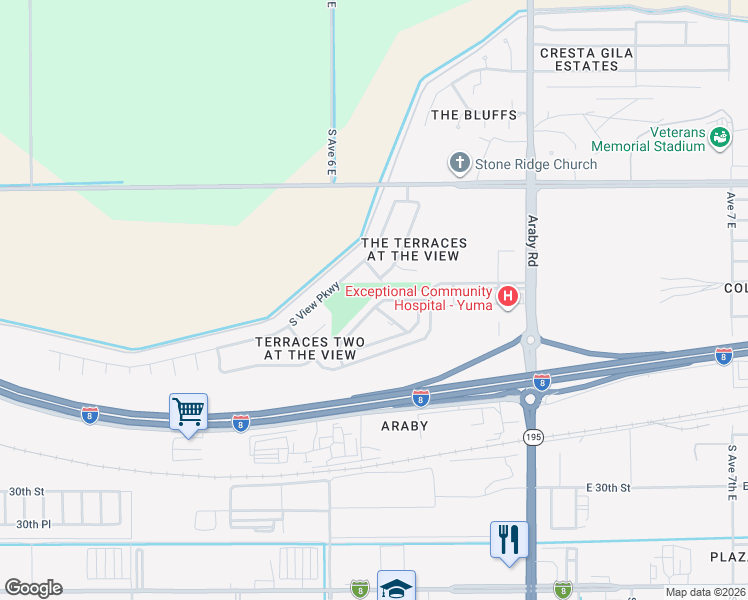 map of restaurants, bars, coffee shops, grocery stores, and more near 6096 East Overlook Lane in Yuma