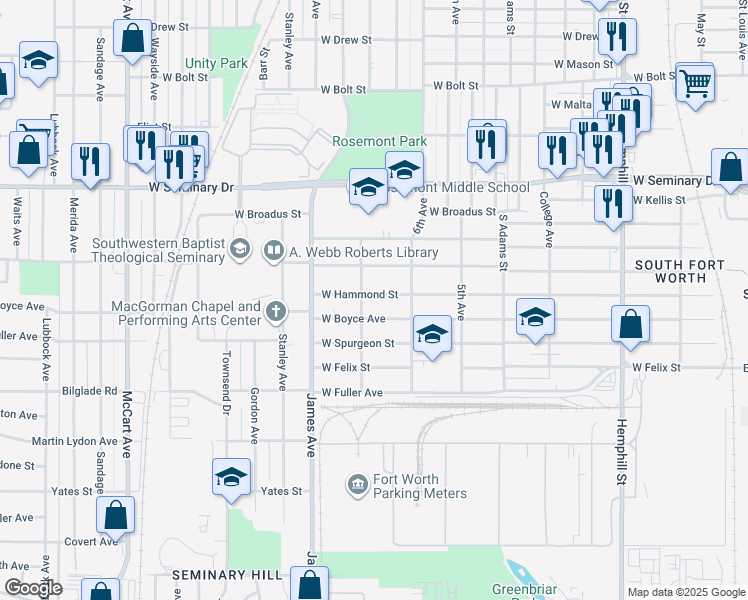map of restaurants, bars, coffee shops, grocery stores, and more near 1437 West Hammond Street in Fort Worth