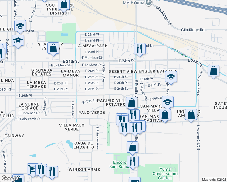 map of restaurants, bars, coffee shops, grocery stores, and more near 2035 E 26th St in Yuma