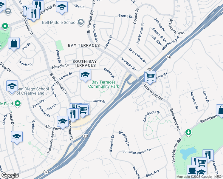 map of restaurants, bars, coffee shops, grocery stores, and more near 7431 Tooma Street in San Diego