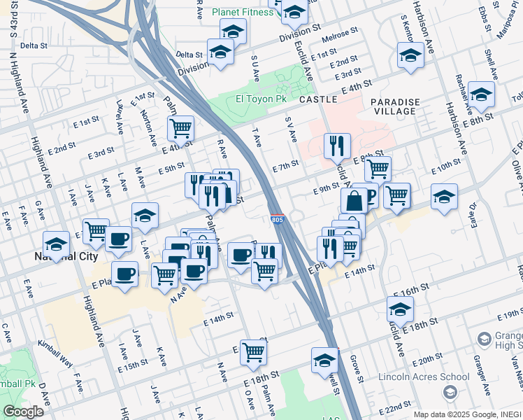 map of restaurants, bars, coffee shops, grocery stores, and more near 1820 Terry Lane in National City