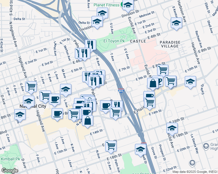 map of restaurants, bars, coffee shops, grocery stores, and more near 1750 East 8th Street in National City