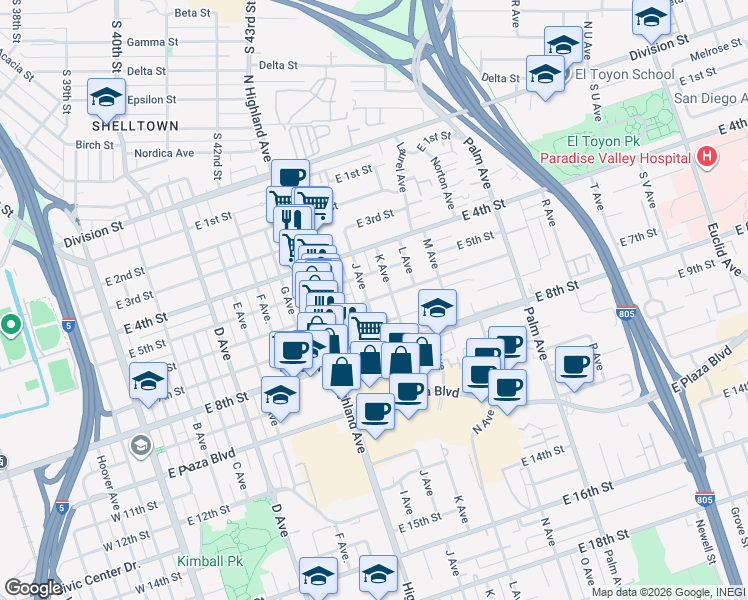 map of restaurants, bars, coffee shops, grocery stores, and more near 540 J Avenue in National City