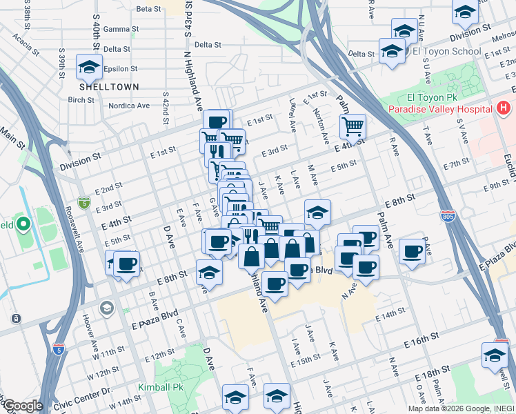 map of restaurants, bars, coffee shops, grocery stores, and more near 540 J Avenue in National City