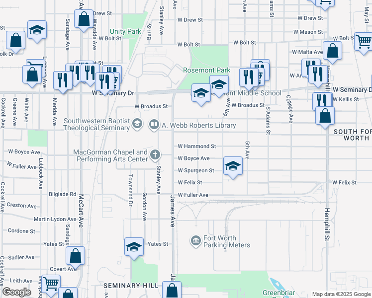 map of restaurants, bars, coffee shops, grocery stores, and more near 1601 West Hammond Street in Fort Worth