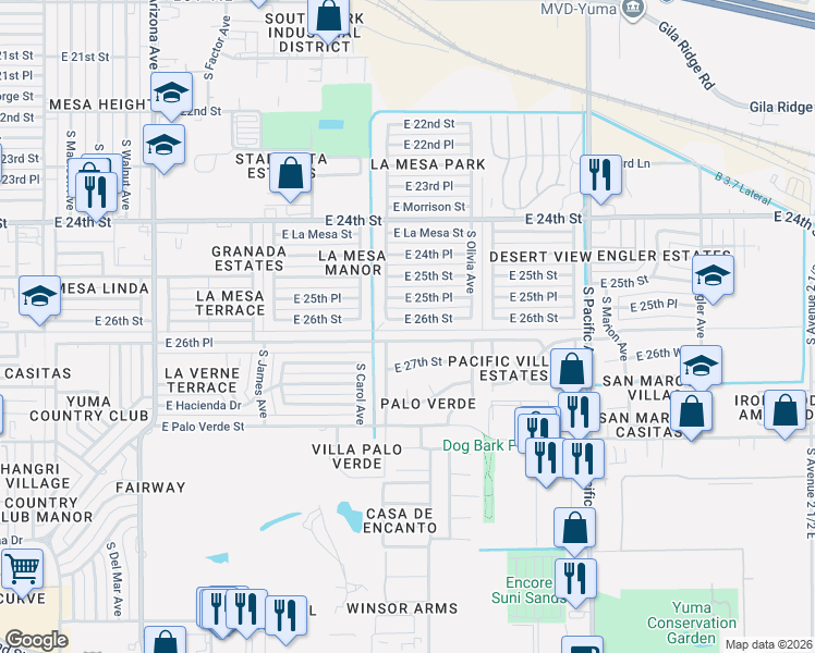 map of restaurants, bars, coffee shops, grocery stores, and more near 1317 E 26th St in Yuma