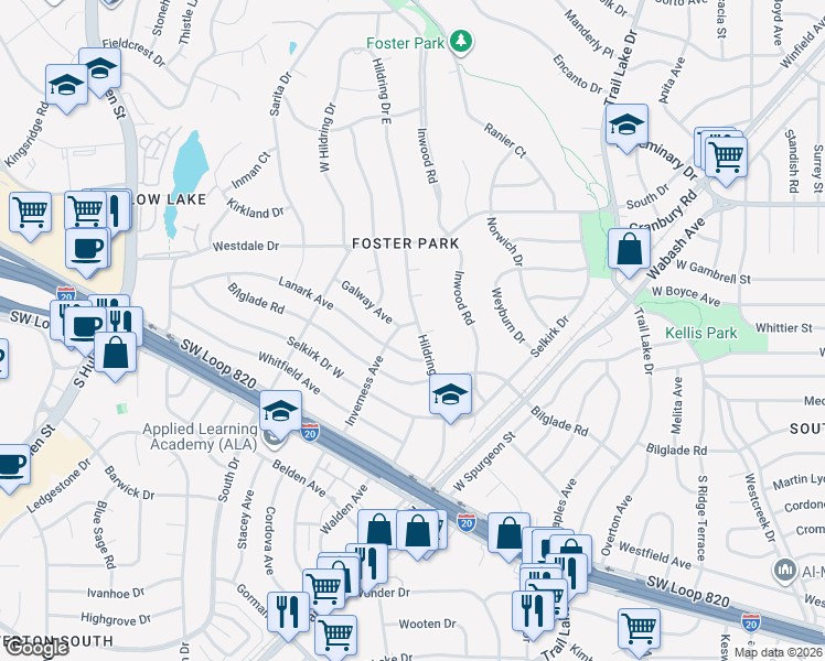 map of restaurants, bars, coffee shops, grocery stores, and more near 4601 Inverness Avenue in Fort Worth