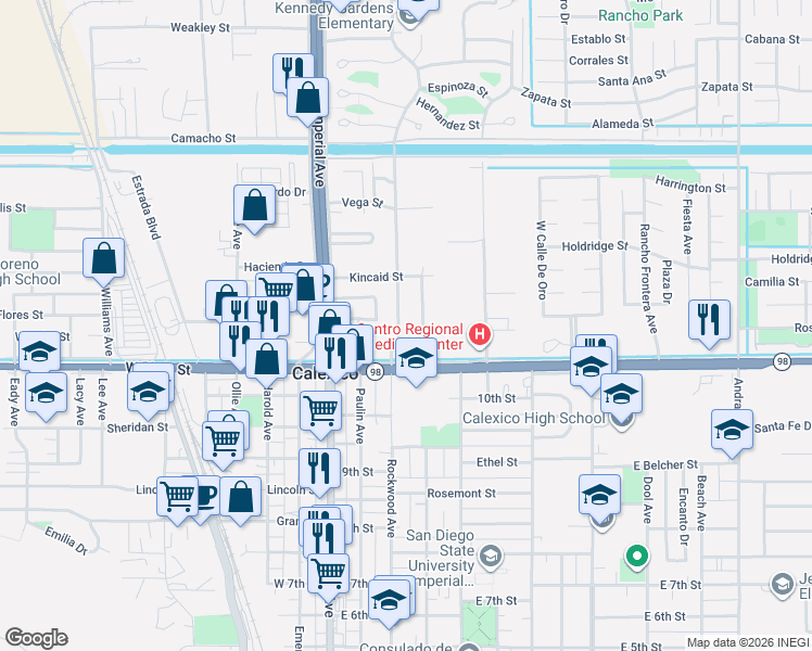 map of restaurants, bars, coffee shops, grocery stores, and more near 1216 Rockwood Avenue in Calexico