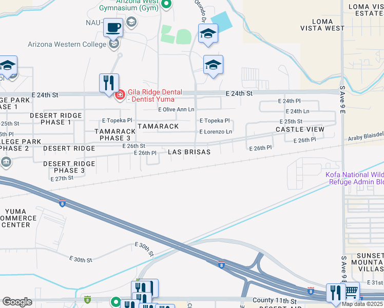 map of restaurants, bars, coffee shops, grocery stores, and more near 2658 South Otondo Drive in Yuma