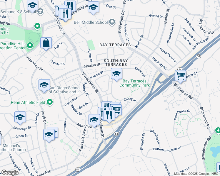 map of restaurants, bars, coffee shops, grocery stores, and more near 2609 Crosshaven Lane in San Diego
