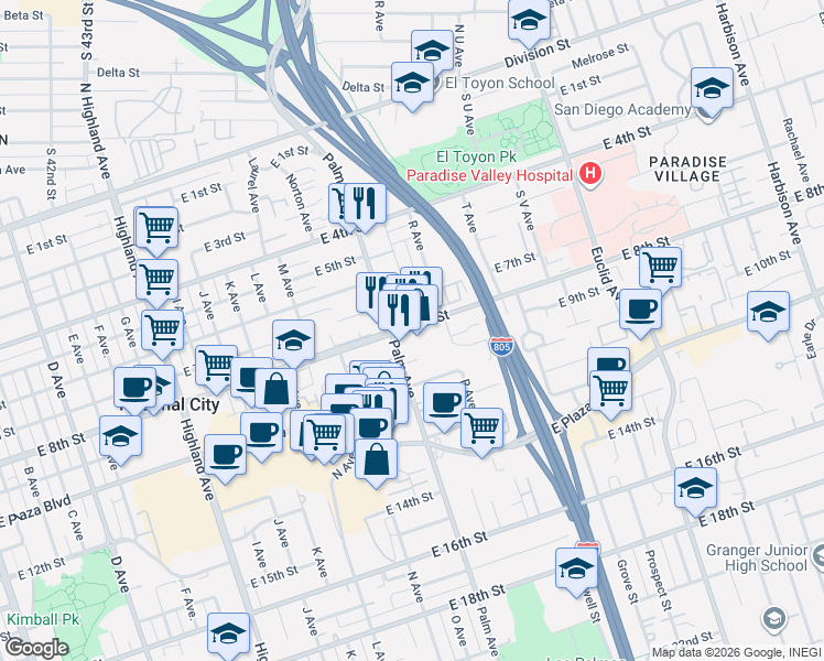 map of restaurants, bars, coffee shops, grocery stores, and more near 1618 East 8th Street in National City