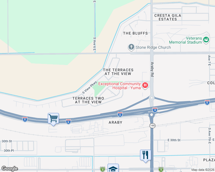 map of restaurants, bars, coffee shops, grocery stores, and more near 6096 East Overlook Lane in Yuma