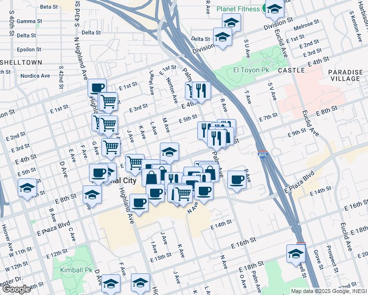 map of restaurants, bars, coffee shops, grocery stores, and more near 1334 East 7th Street in National City