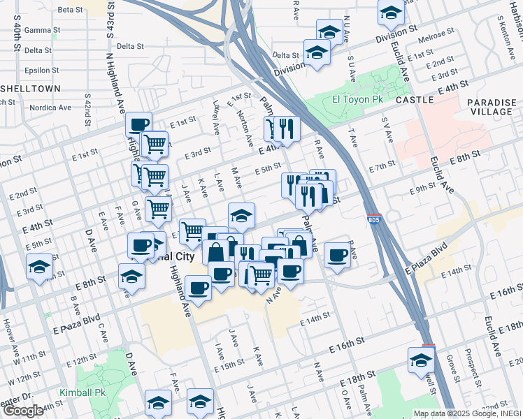 map of restaurants, bars, coffee shops, grocery stores, and more near 1336 East 7th Street in National City