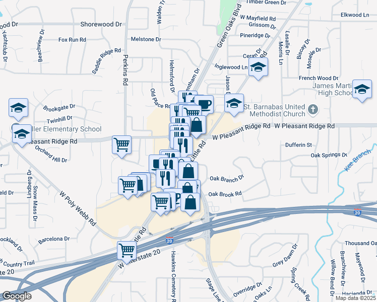 map of restaurants, bars, coffee shops, grocery stores, and more near 4201 West Green Oaks Boulevard in Arlington