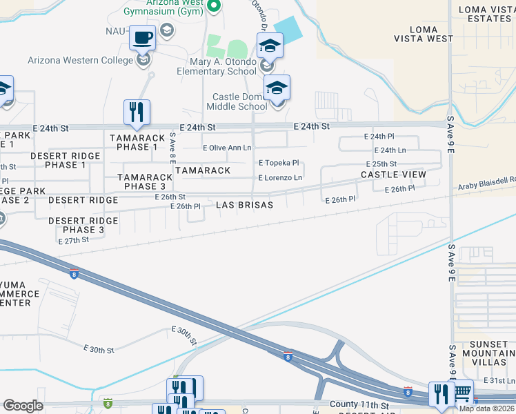 map of restaurants, bars, coffee shops, grocery stores, and more near 2659 Otondo Drive in Yuma