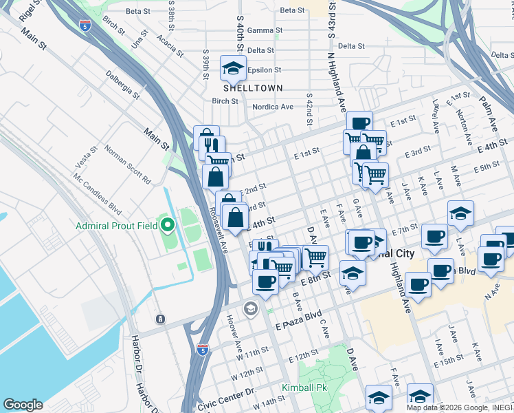 map of restaurants, bars, coffee shops, grocery stores, and more near 314 B Avenue in National City